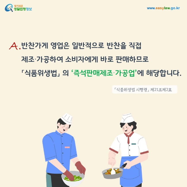 A. 반찬가게 영업은 일반적으로 반찬을 직접 제조∙가공하여 소비자에게 바로 판매하므로「식품위생법」 의 ‘즉석판매제조∙가공업’에 해당합니다. 「식품위생법 시행령」 제21조제2호

